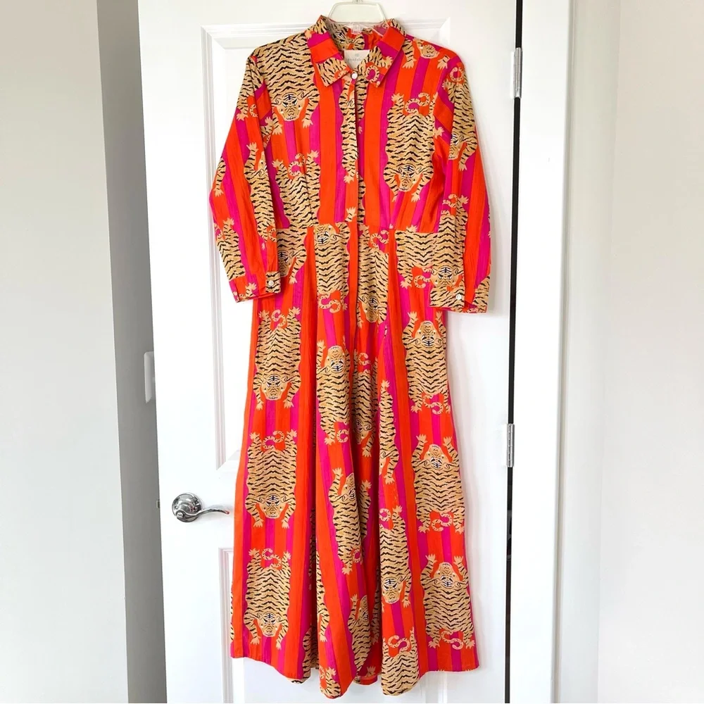 Guadalupe Luciana Tibet Tiger Stripes Hand Block Print Pure Indian Cotton Dress - Picture 2 of 16